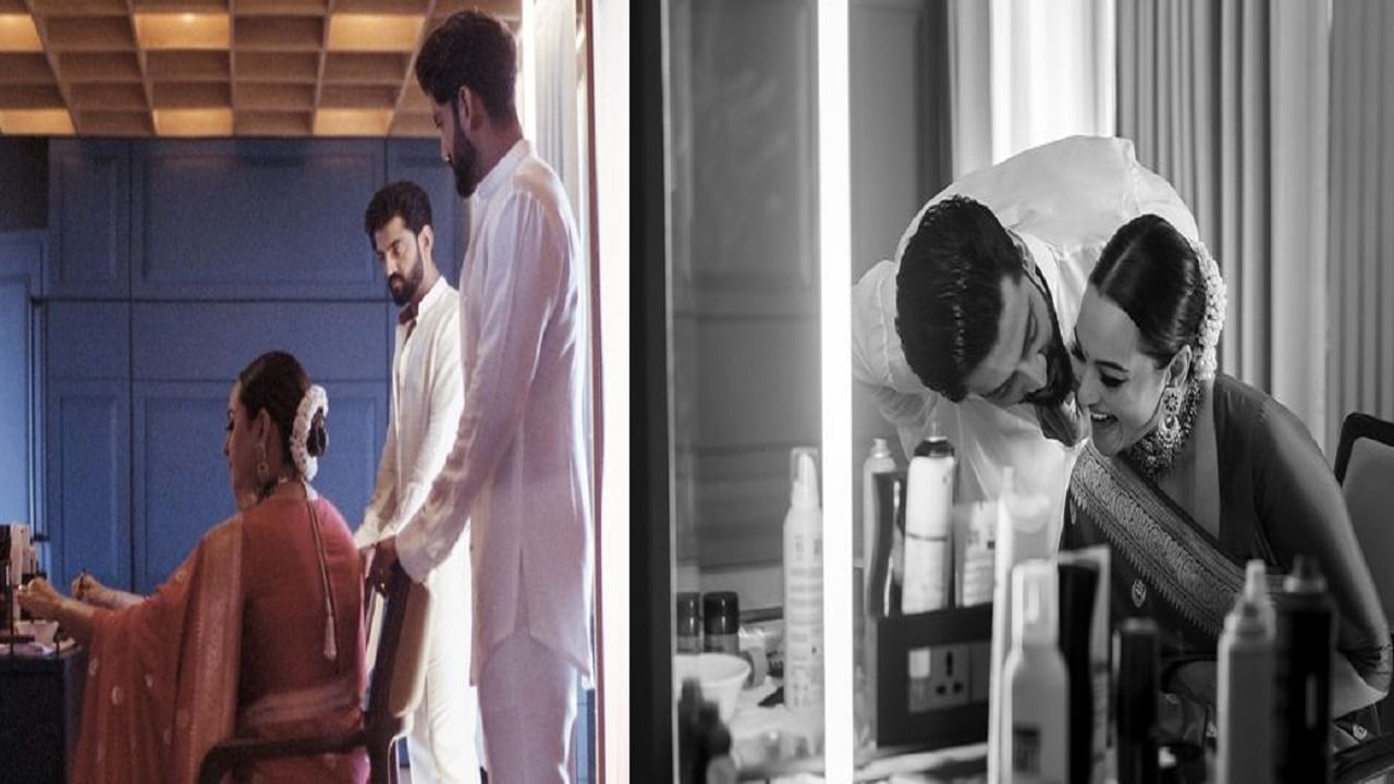 तिसऱ्या आणि चौथ्या फोटोमध्ये हिरोईन तिच्या आयुष्यातील बेस्ट रोलसाठी तयार होत आहे.. असं सोनाक्षीने कॅप्शनमध्ये लिहिलं आहे. शिवाय फोटोंमध्ये झहीर विनोद करत सोनाक्षीला हसवताना दिसत आहे.