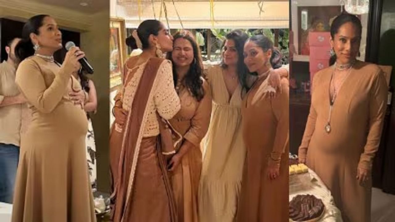 बेबी शॉव्हरसाठी लाईट ब्राउन रंगाचा गाऊन घातला आहे. अनेक प्रसिद्ध सेलिब्रिटींनी बेबी शॉव्हरसाठी हजेरी लावली होती.